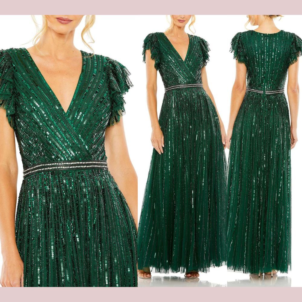 SHORTEN Mac Duggal [ 12 ] 5502 Sequined Wrap‎ Over Ruffled Cap Sleeve Gown Green